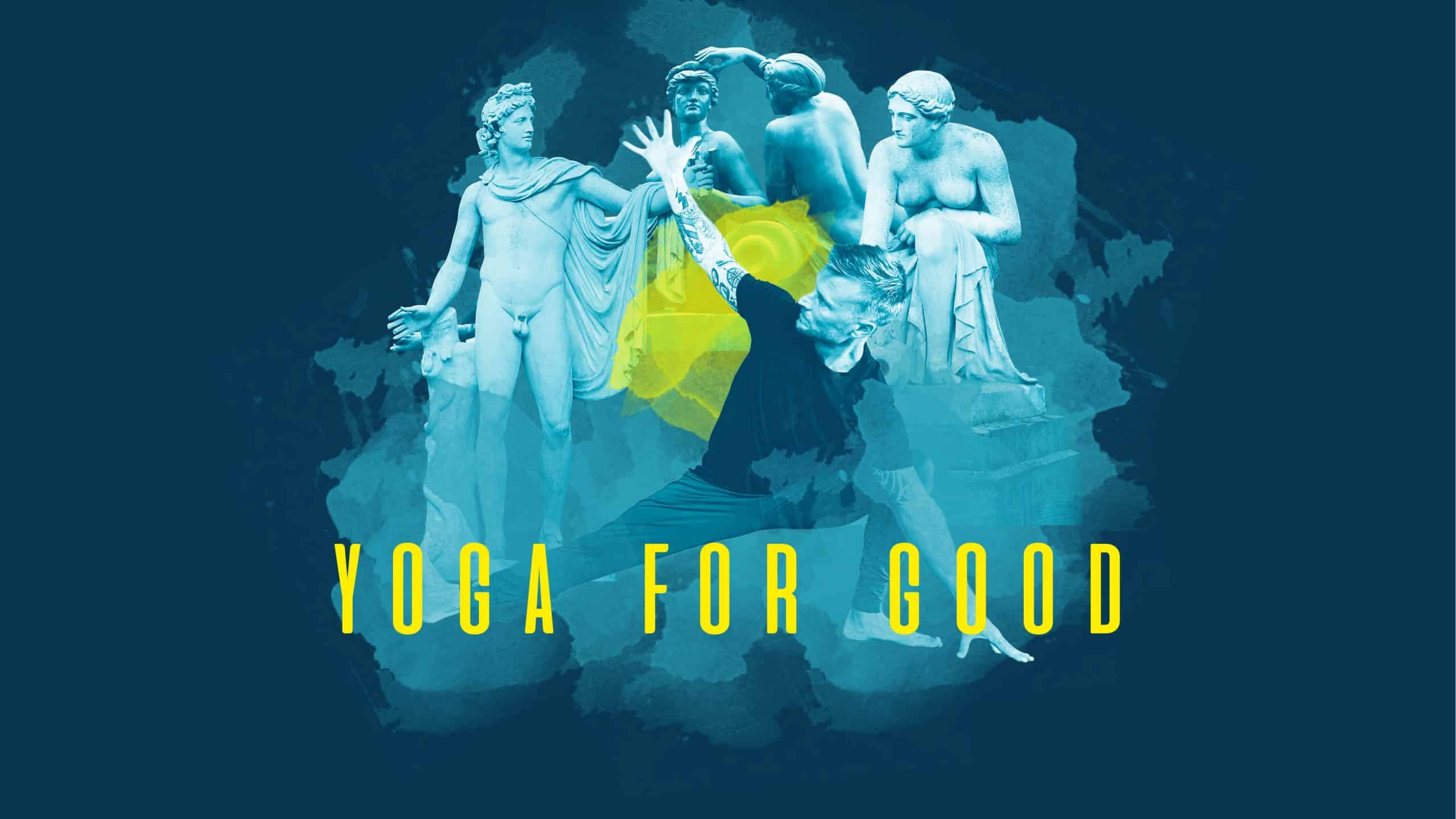 Eine Grafik mit einem Menschen der Yoga macht, im Hintergrund sind diverse Skulpturen zu sehen.