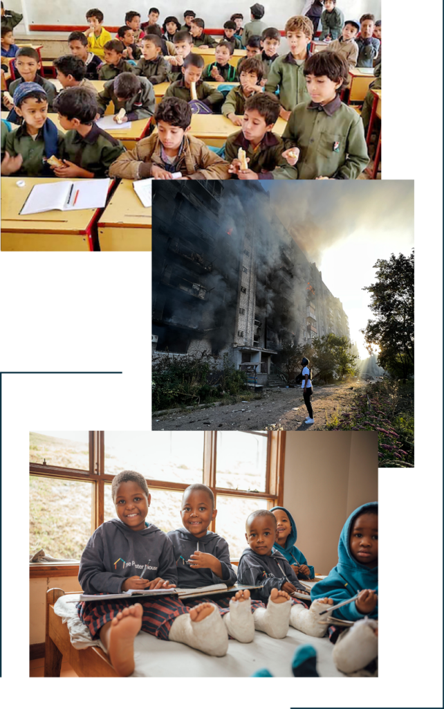 Eine Collage aus drei Bildern. Auf dem obersten Bild ist eine Schulklasse aus dem Jemen zu sehen, auf dem mittleren Bild ist STELP-Gründer Serkan auf einem Einsatz in der Ukraine zu sehen und auf dem unteren Bild sind vier Kinder aus dem Kafika House in Tansania zu sehen.