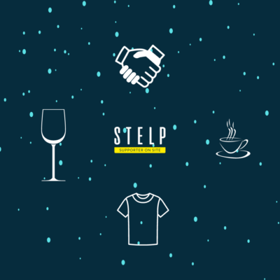 Eine Grafik mit dem STELP Logo in der Mitte. Darum angeordnet sieht man ein Handschütteln, eine Kaffeetasse, ein T-Shirt und ein Weinglas.