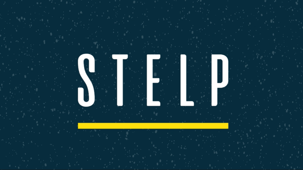Jahresrückblick-Grafik: STELP Logo auf blauem Hintergrund mit weißen Akzenten, die aussehen wie Schneeflocken.