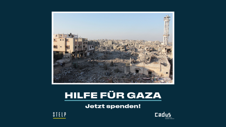 Eine Grafik, mit der Überschrift: Hilfe für Gaza. Zusammen mit den Partner:innen von Cadus.