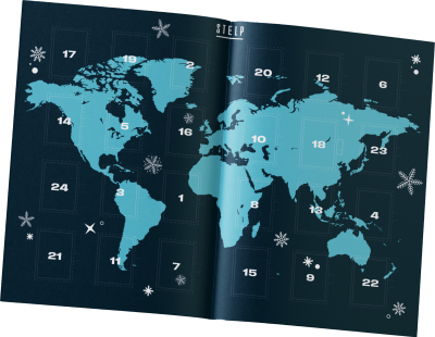 Ein Vorschaubild von dem STELP Adventskalender 2023. Er ist dunkelblau und auf dem Cover ist eine hellblaue Weltkarte zu sehen.